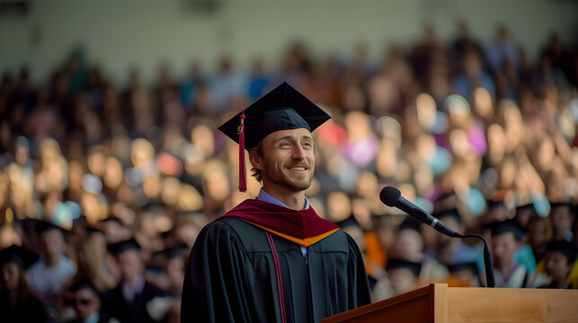 Portrait of young man graduate in a gown and a mortarboard stands at a podium and gives a graduation speech