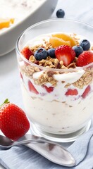 yogurt with berries on the table, muesli with berries on white background