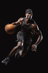 Fototapeta na wymiar running black man professional basketball player with ball in his hands on isolated background