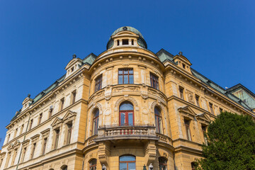 Fototapeta na wymiar Historic yellow building in the center of Litomerice, Czech Republic