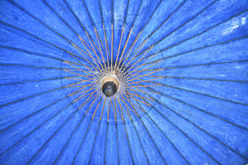 Detail of a blue umbrella in a park in Beijing, China