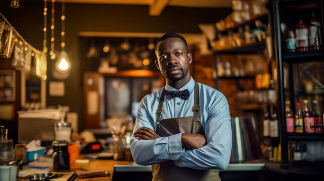 Portrait Of Happy Smiling Small Restaurant Owner Wearing Apron Standing Behind Counter. Confident Senior Man Owner Smiling And Looking At Camera, Small Business Owner Concept