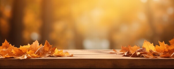 Empty wooden board top with a blurred Background for autumn leaves. generative ai
