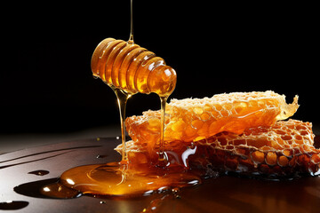 Honey flowing from dipper on honeycomb  generative Ai