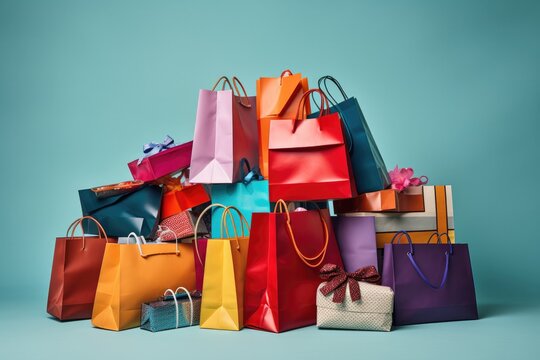 Shopper bags. Pile of colorful shopping bags on pastel backround. Generative ai