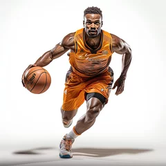 Fotobehang running black man professional basketball player with ball in hands on a white isolated background © alexkoral