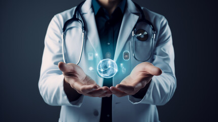 Male medicine doctor hold healthcare medical icons for the Health insurance concept in hospital background generative Ai