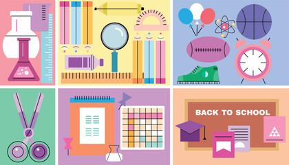  Back to school template design banner School stuff, supplies bundle. Stationery, items, accessories, folder, pencil, pen Flat vector illustration