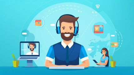 Man, call center and working in team office with headset, computer for online customer support, service or help generative Ai