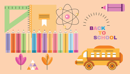  Back to school template design banner School stuff, supplies bundle. Stationery, items, accessories, folder, pencil, pen Flat vector illustration