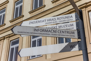 Obraz premium Tourist sign on the market square in historic city Znojmo, Czech Republic