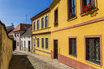 Fototapeta na wymiar Colorful houses at a cobblestoned street in Znojmo, Czech Republic