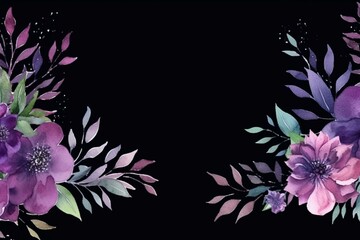Abstract watercolor border featuring purple flowers and leaves on black background. Ideal for nature-inspired design. Generative AI