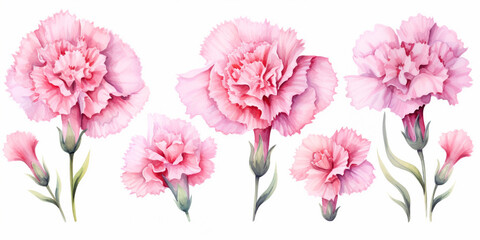 Set of Carnation flowers watercolor style.