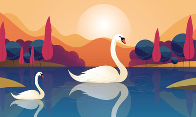 Beautiful Two Swan Floating in Water Lake at Sunrise or Sunset View.