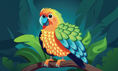 Isolated Colorful Parrot Character in Green Forest.
