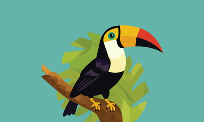 A Cute Toucan Bird Character Sit on Green Tree Branch in Turquoise Background.