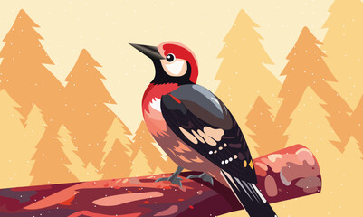 Isolated Red Head Bird Character Sit on Branch in Yellow Pine Forest.