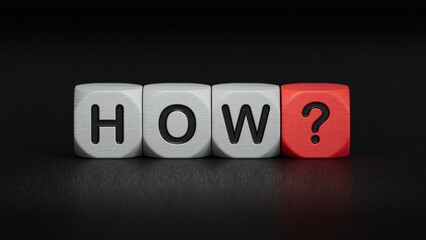 "how?".the word spelled out using toy dice. Education concept.3D rendering on black background.
