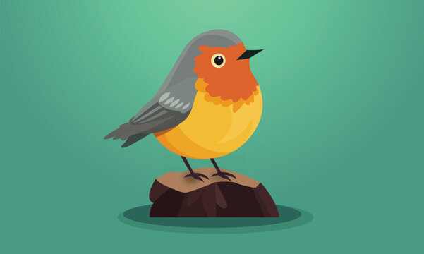 Isolated Robbin Bird Character Sit on Rock in Pastel Green Background.