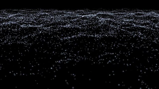 Particular particles background as water motions on a dark black background. Water with white grains particles system as cloud water. Weave abstract minimal ocean particles backdrop.