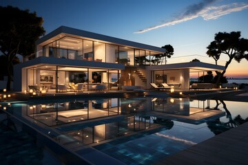 Obraz premium New Modern Villa with Pool: Luxury Living and Sundown Views