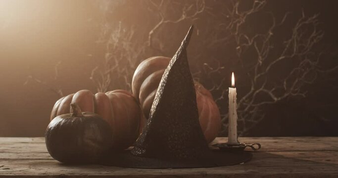 Video of halloween pumpkins, hat, candle and copy space on brown background