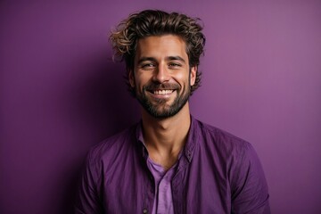 Portrait of a handsomely cold-smiling man, isolated on a purple background