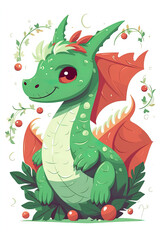 Fototapeta premium Fantasy cute dragon with christmas hat, new year's card, New Year 2024. Generative AI