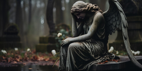 An Angel Sitting Alone On A Grave Background, Antique Angel Statue on a Graveyard 