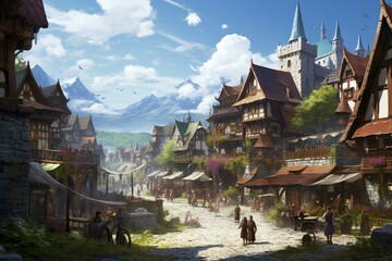 Fototapeta na wymiar An illustration showcasing a fantasy medieval village. Generative AI