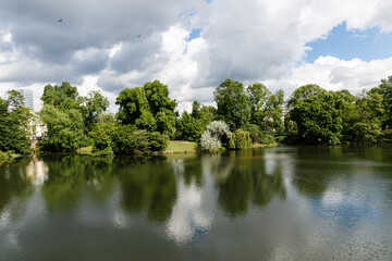 Fototapeta na wymiar Landscape with lake, trees and clouds