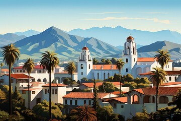 Scenic view of downtown Santa Barbara with courthouse and mountains. Generative AI