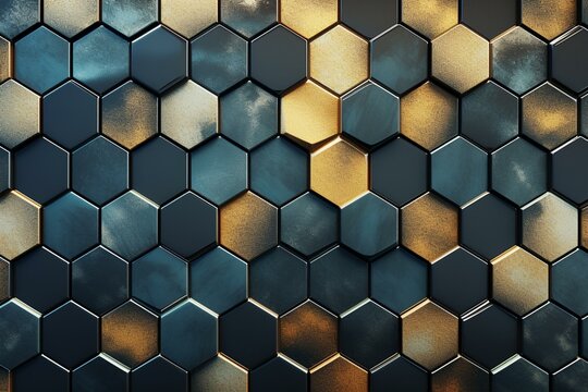 Hexagonal mosaic wall crafted from shiny concrete bricks in a glossy finish. 3D rendered. Generative AI © Ahmed