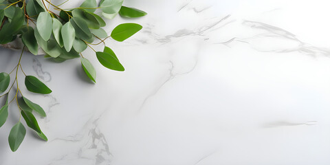 Empty marble podium and green eucalyptus branches on  background. Fresh natural mock up for cosmetic product advertising. Copy space for text generated by AI. - obrazy, fototapety, plakaty