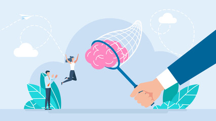 A businessman catches butterfly net a person's brain. Inspiration concept. Development or learn skills concept. Search for new ideas, brainstorming, innovation in business. Vector flat illustration