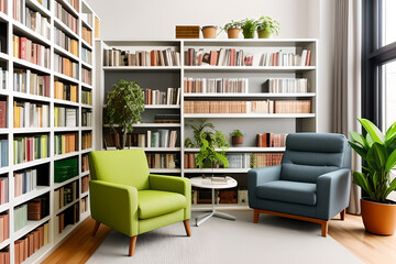 Modern library with cozy armchair and book shelves with books arranged in room with potted tropical plant