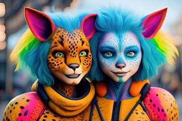 Obraz premium cheetah rainbow colors big ears alien human animal hybrid 