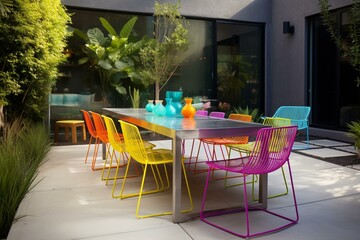 Contemporary outdoor dining area with chic metal table & colorful seats. Generative AI