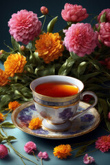 Tea and Flowers, generated by artificial intelligence