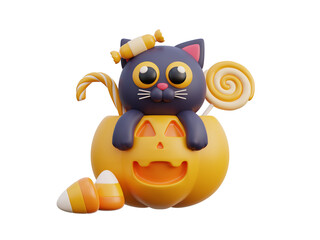 3D cute Halloween black cat cartoon character, trick or treat party, october holiday, 3d rendering.