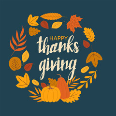 Happy Thanksgiving card with autumn leaves. Vector illustrations.