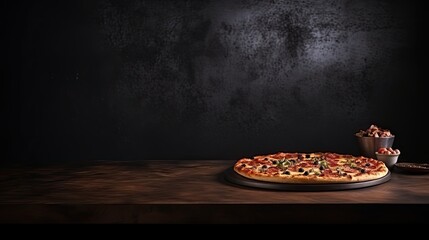 table dark top with blur background of beef pizza, Advertisement, Print media, Illustration, Banner, for website, copy space, for word, template, presentation