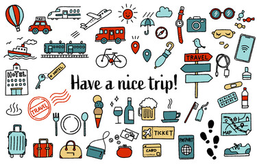 シンプルでかわいい手描きの旅行イラストセット（カラフル）