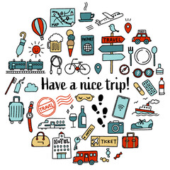 シンプルでかわいい手描きの旅行イラストセット（カラフル）