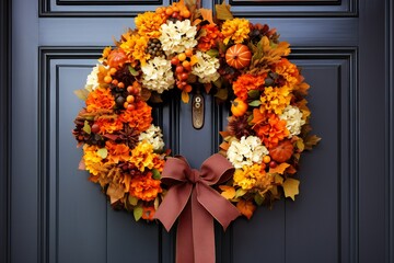 A wreath of autumn maple leaves, pumpkins, apples, hawthorn berries and ivy on a dark door as a decoration for Halloween or thanksgiving day. Generative ai