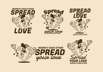 Spread your love, Heart mascot character illustration, in five different type