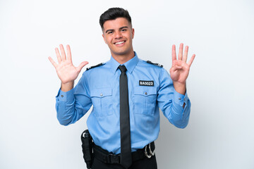 Young police caucasian man isolated on white background counting nine with fingers