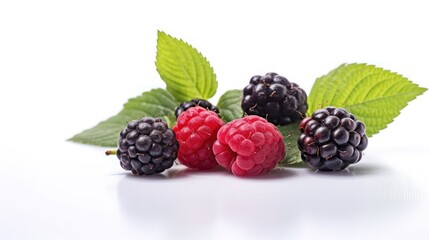 raspberries and blackberries on white background 