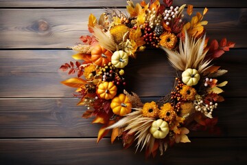 Autumn wreath of leaves, nuts, and berries. Creative composition, the handmade. Home decoration festive concept, old wooden background, top view. empty space. banner Generative ai.